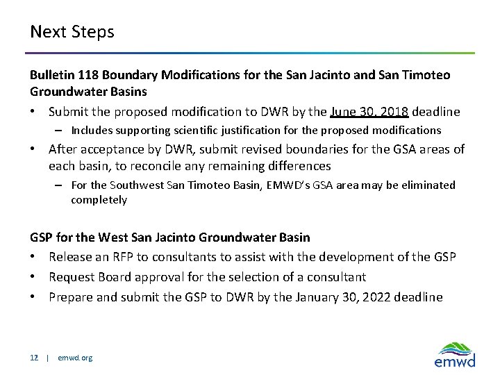 Next Steps Bulletin 118 Boundary Modifications for the San Jacinto and San Timoteo Groundwater