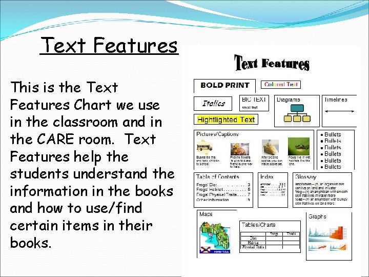 Text Features This is the Text Features Chart we use in the classroom and