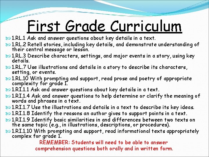 First Grade Curriculum 1. RL. 1 Ask and answer questions about key details in