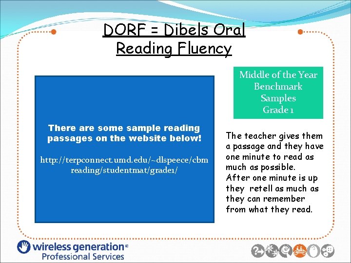 DORF = Dibels Oral Reading Fluency Middle of the Year Benchmark Samples Grade 1