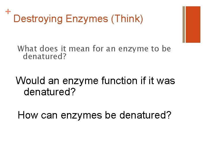 + Destroying Enzymes (Think) What does it mean for an enzyme to be denatured?