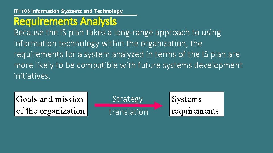 IT 1105 Information Systems and Technology Requirements Analysis Because the IS plan takes a