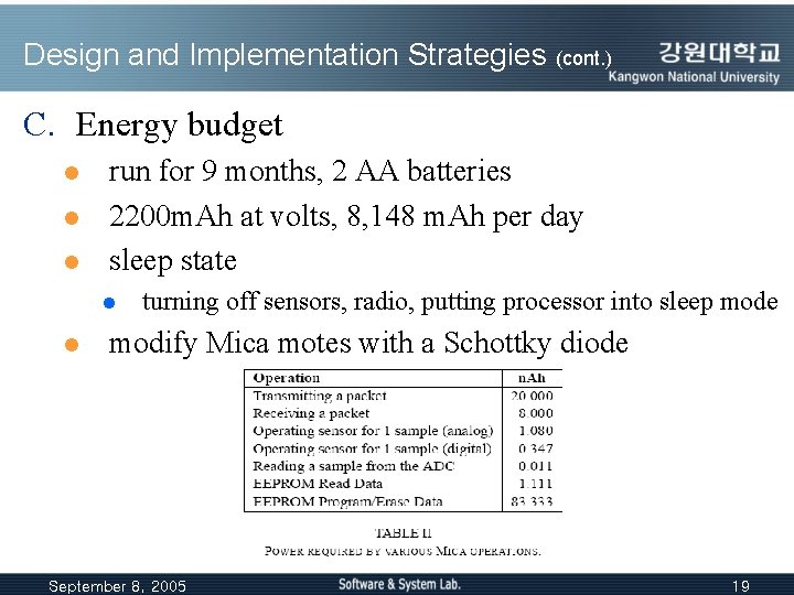 Design and Implementation Strategies (cont. ) C. Energy budget l l l run for