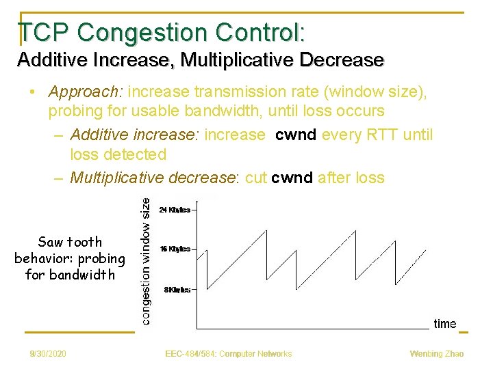 TCP Congestion Control: Additive Increase, Multiplicative Decrease • Approach: increase transmission rate (window size),