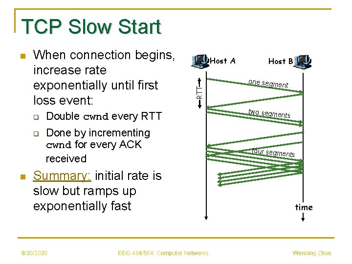 TCP Slow Start When connection begins, increase rate exponentially until first loss event: q