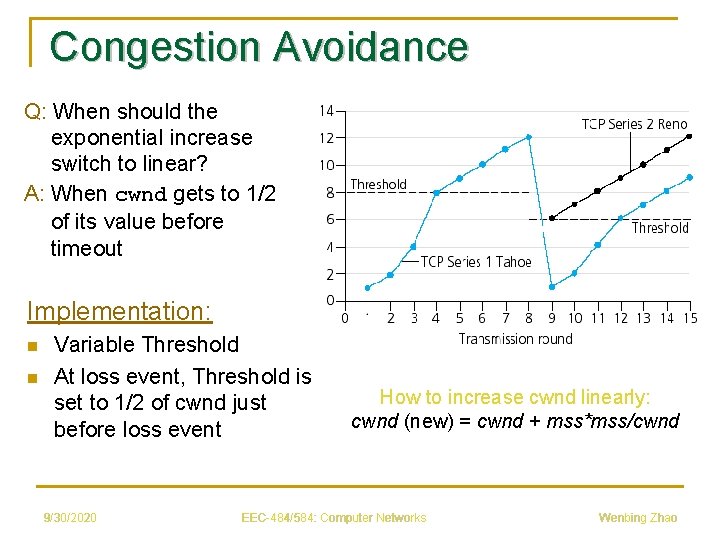 Congestion Avoidance Q: When should the exponential increase switch to linear? A: When cwnd