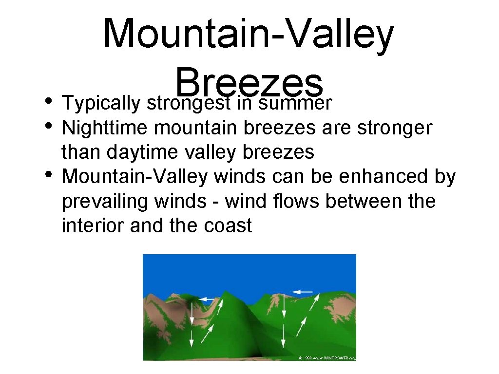 Mountain-Valley Breezes • Typically strongest in summer • • Nighttime mountain breezes are stronger
