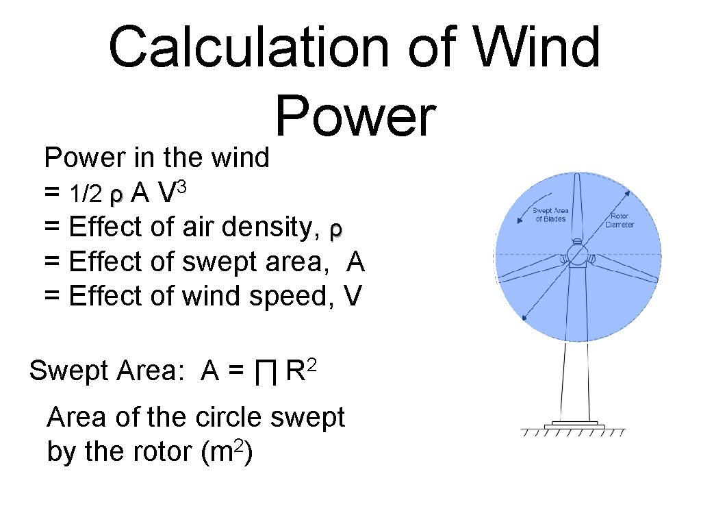 Calculation of Wind Power in the wind = 1/2 ρ A V 3 =