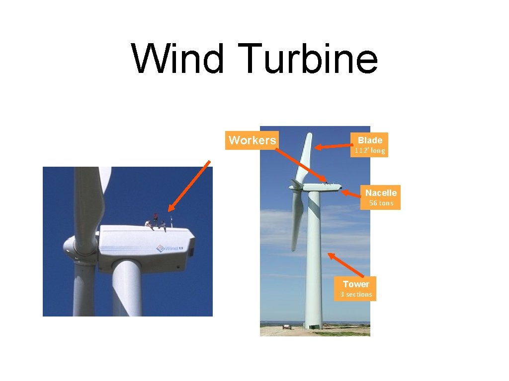 Wind Turbine Workers Blade 112’ long Nacelle 56 tons Tower 3 sections 