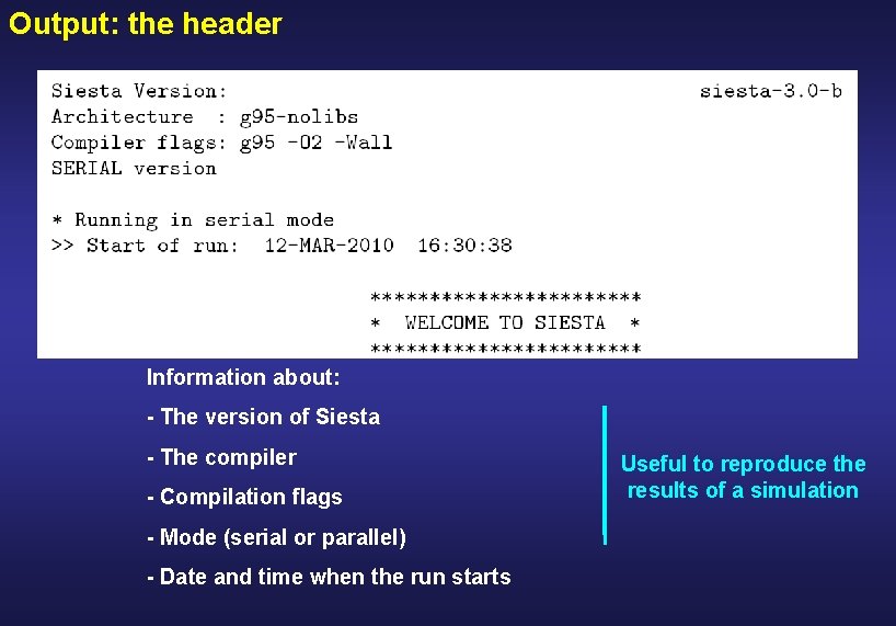 Output: the header Information about: - The version of Siesta - The compiler -