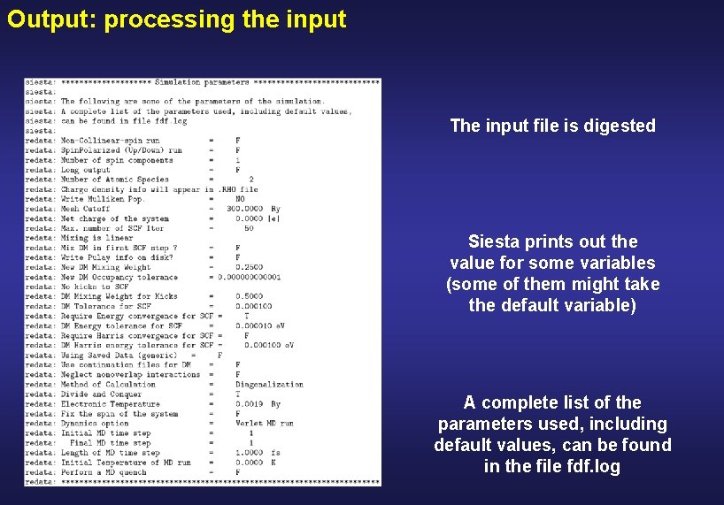 Output: processing the input The input file is digested Siesta prints out the value