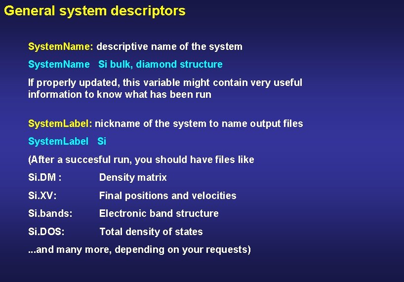 General system descriptors System. Name: descriptive name of the system System. Name Si bulk,