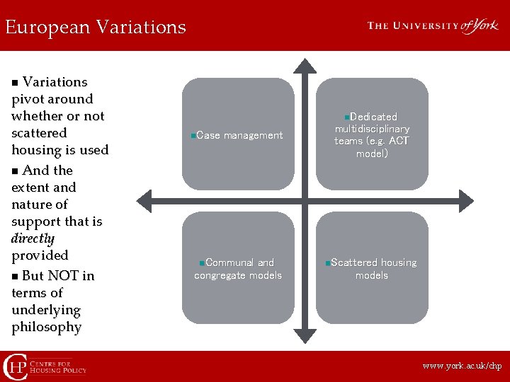 European Variations pivot around whether or not scattered housing is used n And the