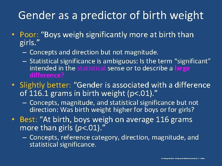 Gender as a predictor of birth weight • Poor: “Boys weigh significantly more at