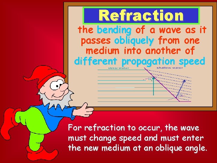 Refraction the bending of a wave as it passes obliquely from one medium into