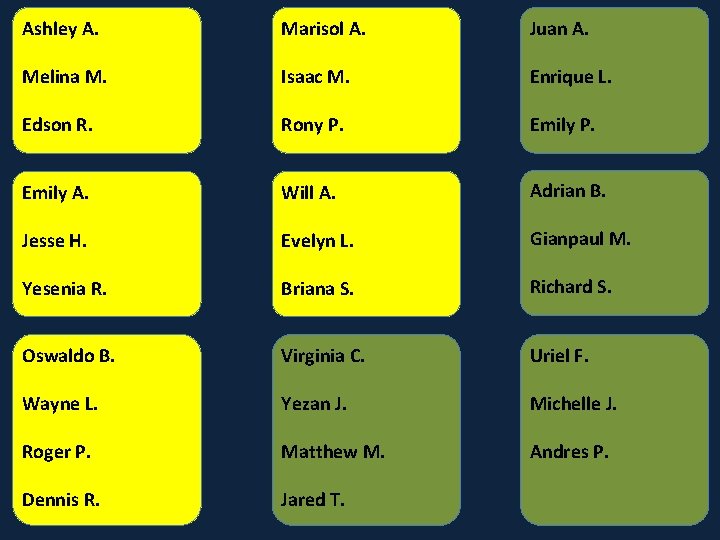 Ashley A. Marisol A. Juan A. Melina M. Isaac M. Enrique L. Edson R. Ashley A. Marisol A. Juan A. Melina M. Isaac M. Enrique L. Edson R.