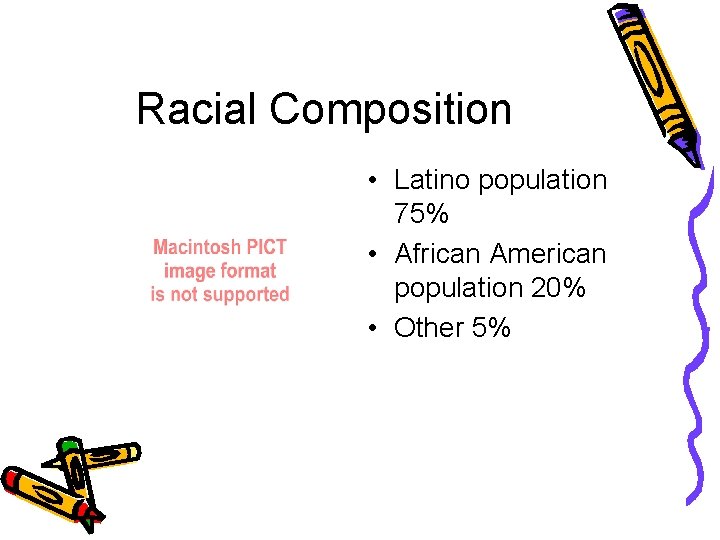 Racial Composition • Latino population 75% • African American population 20% • Other 5%