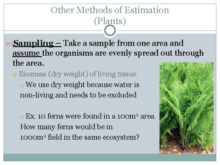 Other Methods of Estimation (Plants) Sampling – Take a sample from one area and