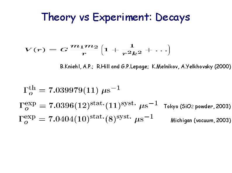 Theory vs Experiment: Decays B. Kniehl, A. P. ; R. Hill and G. P.