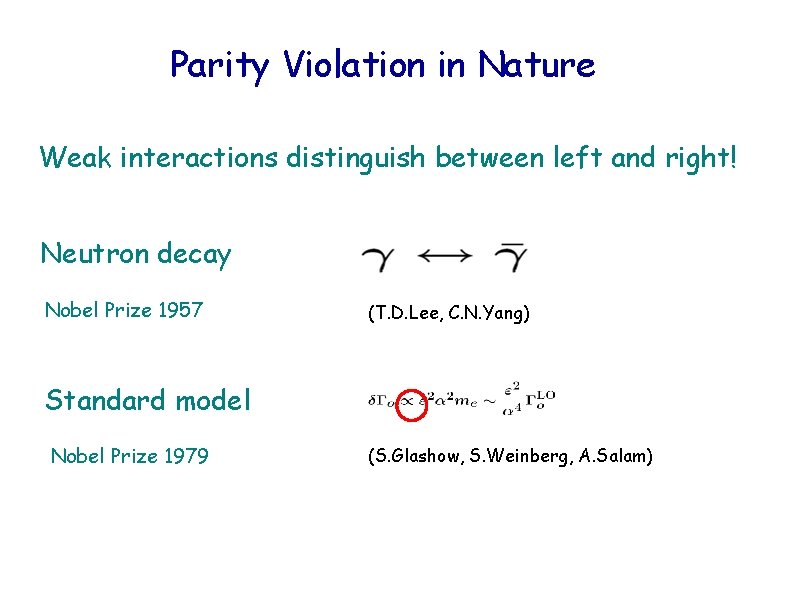 Parity Violation in Nature Weak interactions distinguish between left and right! Neutron decay Nobel