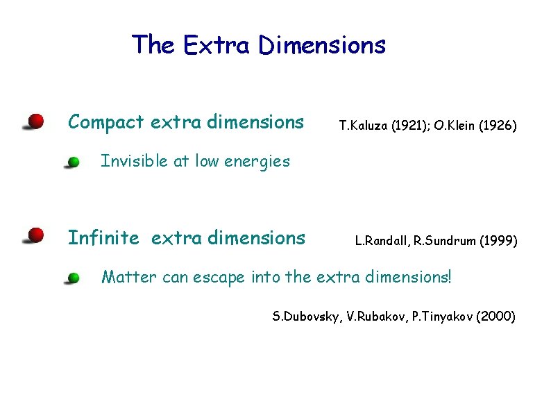 The Extra Dimensions Compact extra dimensions T. Kaluza (1921); O. Klein (1926) Invisible at