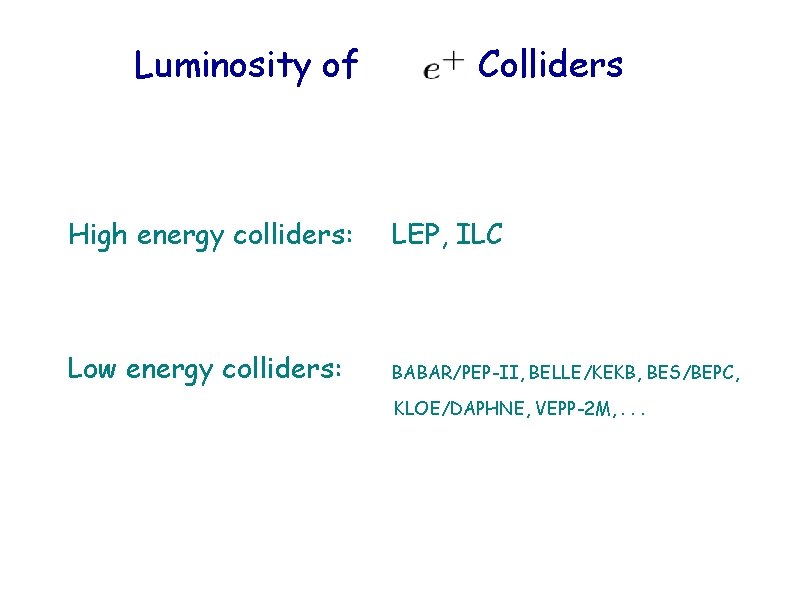 Luminosity of Colliders High energy colliders: LEP, ILC Low energy colliders: BABAR/PEP-II, BELLE/KEKB, BES/BEPC,