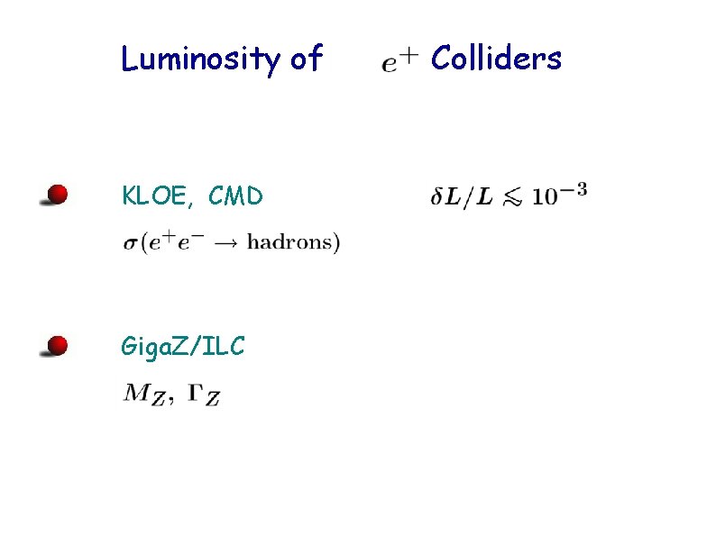 Luminosity of KLOE, CMD Giga. Z/ILC Colliders 