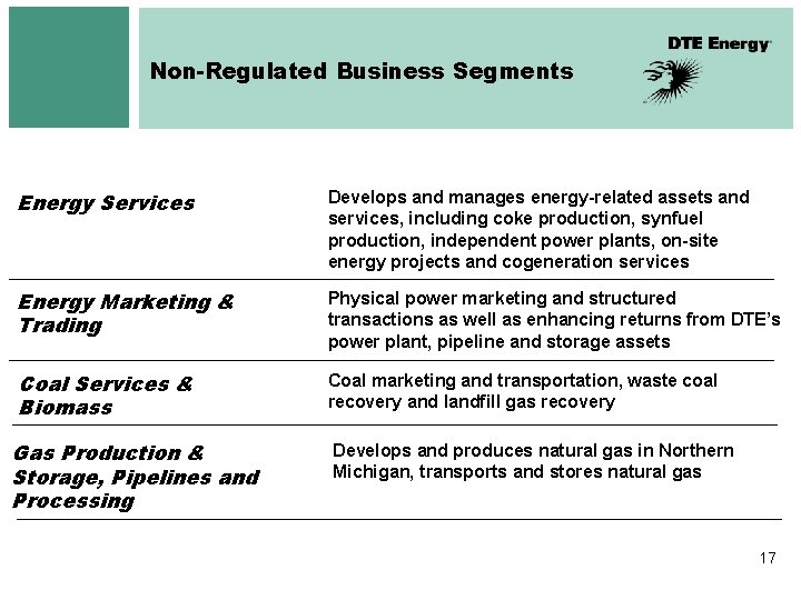 Non-Regulated Business Segments Energy Services Develops and manages energy-related assets and services, including coke