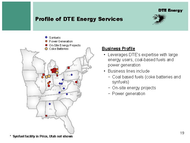 Profile of DTE Energy Services Synfuels Power Generation On-Site Energy Projects Coke Batteries NY