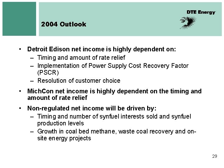 2004 Outlook • Detroit Edison net income is highly dependent on: – Timing and