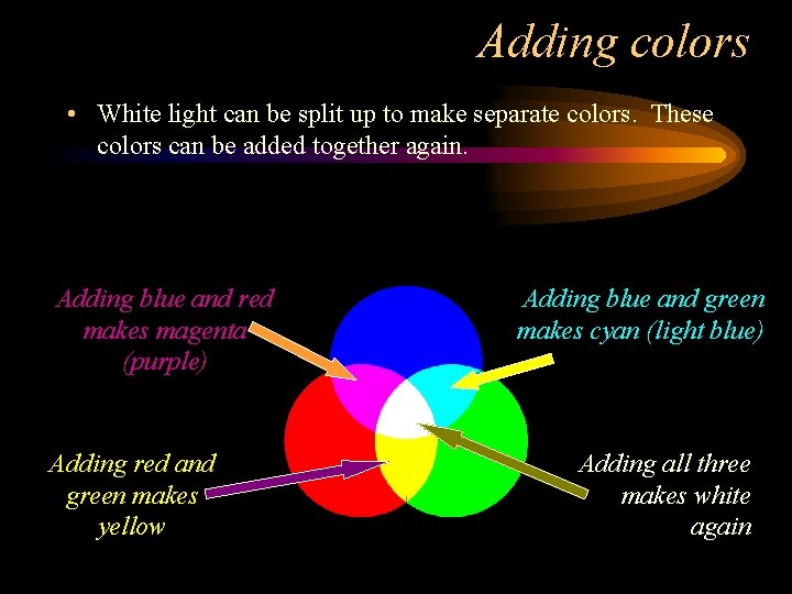 Adding colors • White light can be split up to make separate colors. These