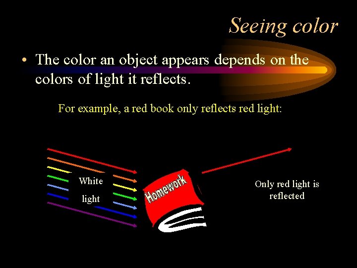 Seeing color • The color an object appears depends on the colors of light