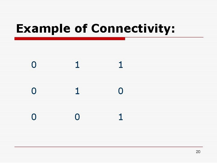 Example of Connectivity: 0 1 1 0 0 0 1 20 