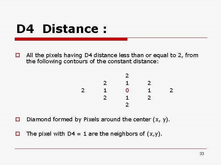 D 4 Distance : o All the pixels having D 4 distance less than