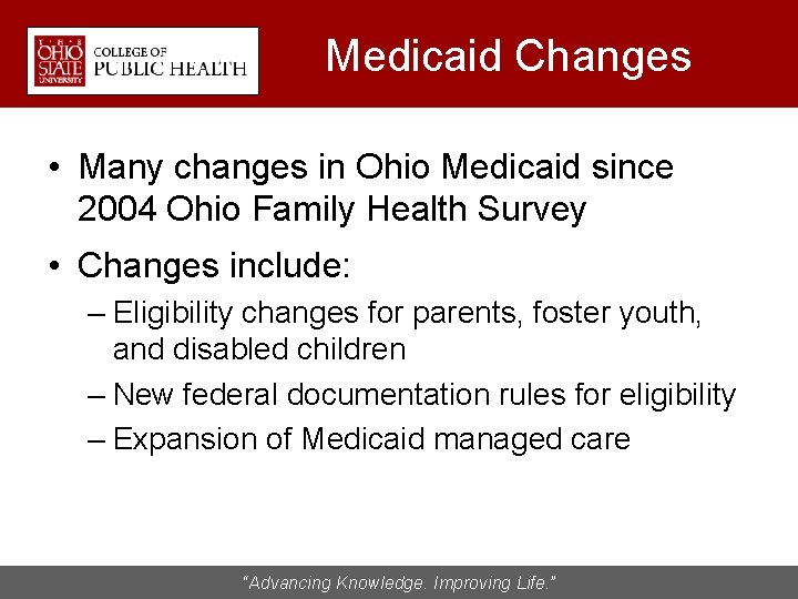 Medicaid Changes • Many changes in Ohio Medicaid since 2004 Ohio Family Health Survey
