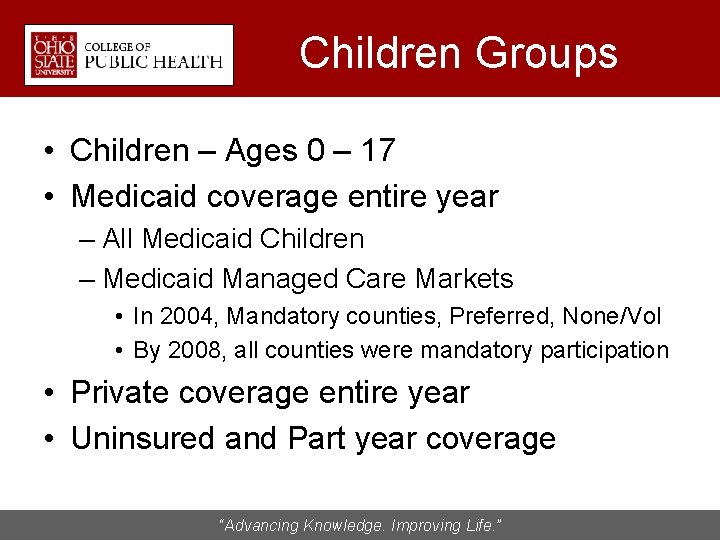 Children Groups • Children – Ages 0 – 17 • Medicaid coverage entire year