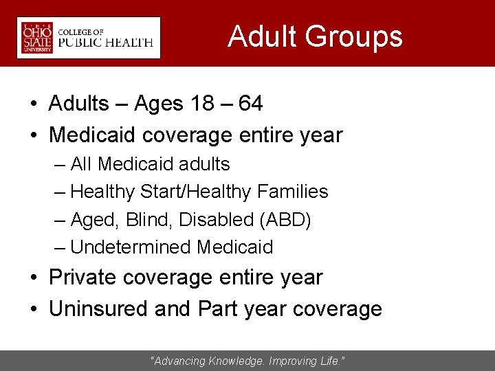 Adult Groups • Adults – Ages 18 – 64 • Medicaid coverage entire year