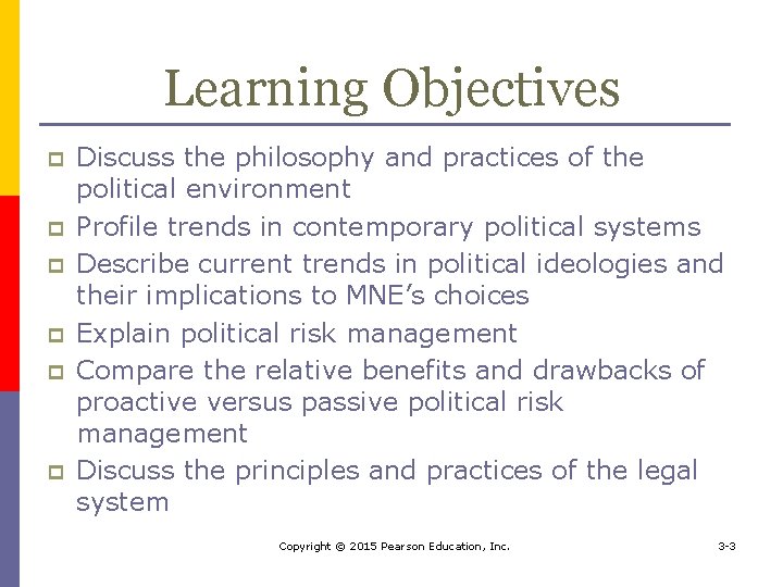 Learning Objectives p p p Discuss the philosophy and practices of the political environment