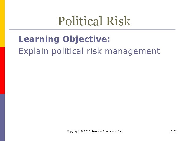 Political Risk Learning Objective: Explain political risk management Copyright © 2015 Pearson Education, Inc.