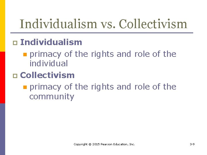 Individualism vs. Collectivism Individualism n primacy of the rights and role of the individual