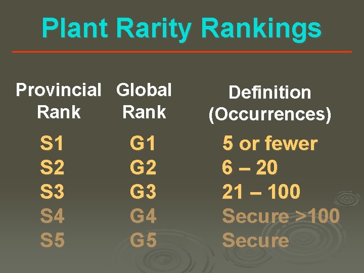 Plant Rarity Rankings Provincial Global Rank S 1 S 2 S 3 S 4