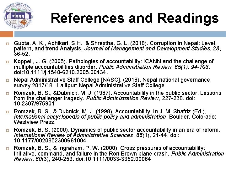 References and Readings Gupta, A. K. , Adhikari, S. H. & Shrestha, G. L.