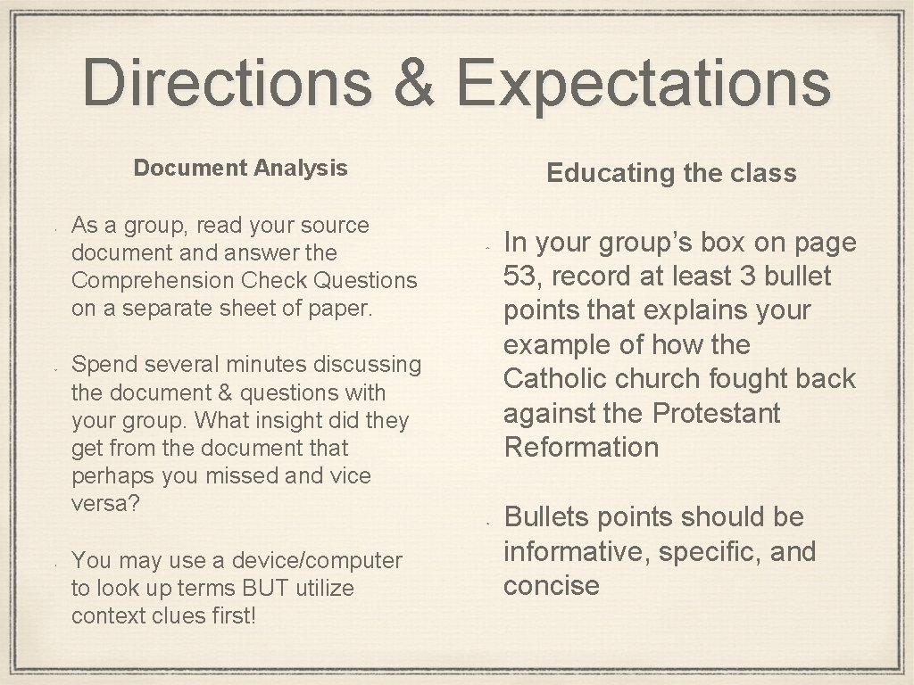 Directions & Expectations Document Analysis As a group, read your source document and answer