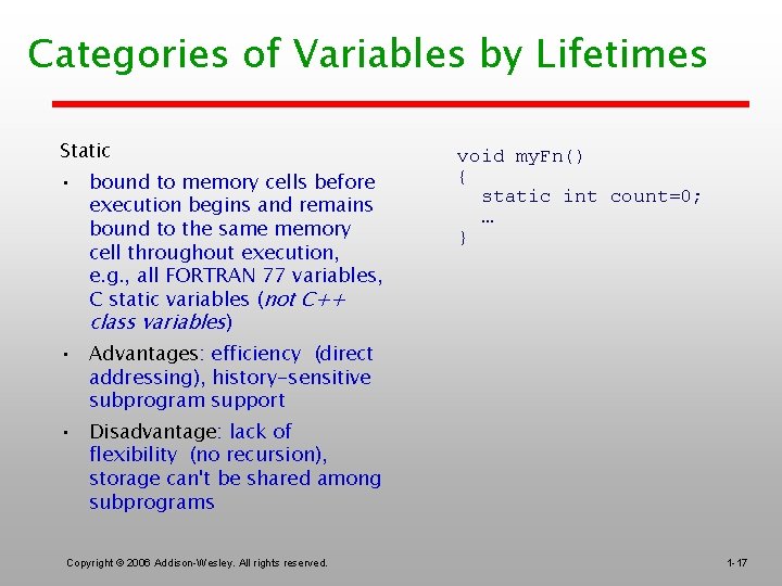 Categories of Variables by Lifetimes Static • bound to memory cells before execution begins