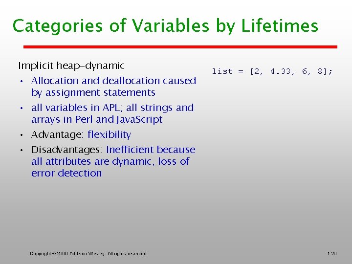 Categories of Variables by Lifetimes Implicit heap-dynamic • Allocation and deallocation caused by assignment