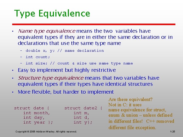 Type Equivalence • Name type equivalence means the two variables have equivalent types if