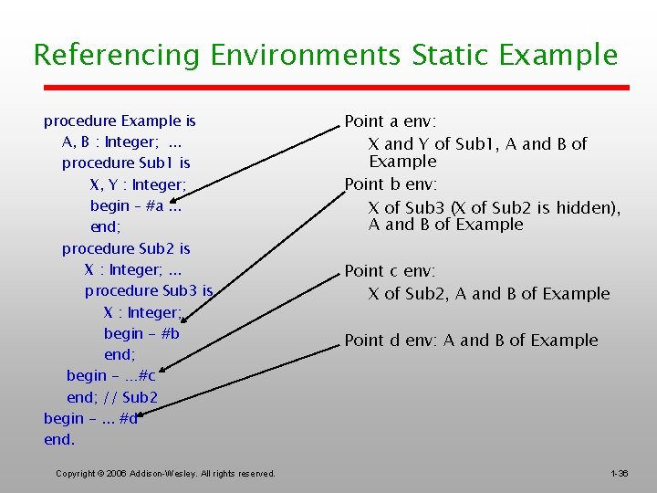 Referencing Environments Static Example procedure Example is A, B : Integer; . . .