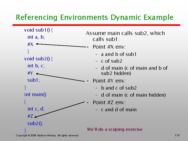 Referencing Environments Dynamic Example void sub 1() { int a, b; #X } void