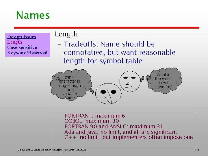Names • Design Issues Length Case sensitive Keyword/Reserved Length – Tradeoffs: Name should be