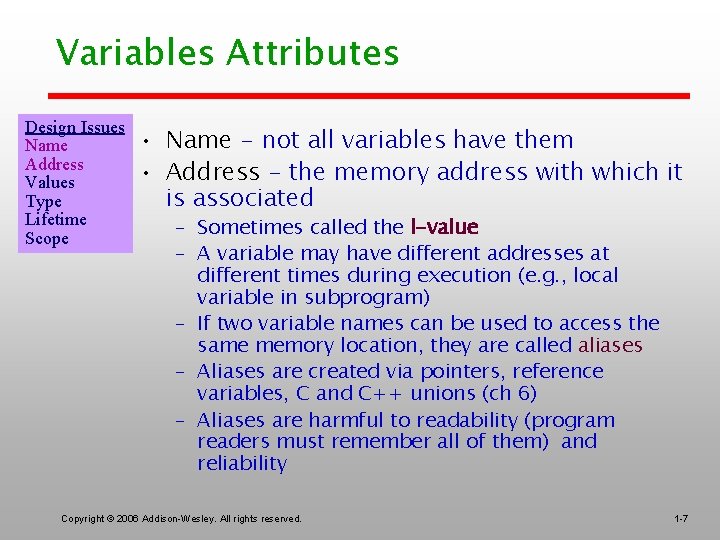 Variables Attributes Design Issues Name Address Values Type Lifetime Scope • Name - not